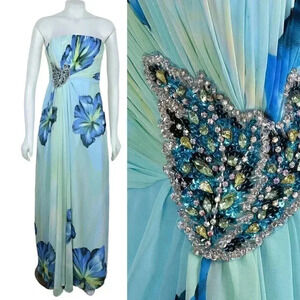 Jovani Gown Blue Green  Floral Watercolor Beaded Strapless Chiffon Prom Grad 4